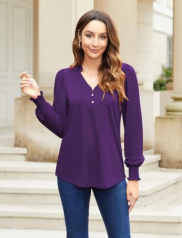Newchoice Womens Puff Long Sleeve Shirts V Neck Buttons Ruffled Blouses Fall Trendy Dressy Casual Tops (M-3XL) in Saudi Arabia