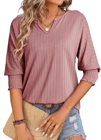 Dokotoo Tops for Women Trendy Casual Summer Basic T Shirts Lightwight 3/4 Sleeve Textured Solid V Neck Tees Blouses in Saudi Arabia