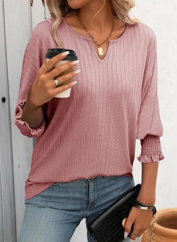 Dokotoo Tops for Women Trendy Casual Summer Basic T Shirts Lightwight 3/4 Sleeve Textured Solid V Neck Tees Blouses in Saudi Arabia