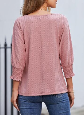 Dokotoo Tops for Women Trendy Casual Summer Basic T Shirts Lightwight 3/4 Sleeve Textured Solid V Neck Tees Blouses in Saudi Arabia