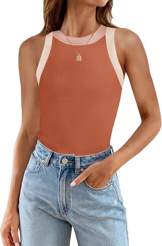 ZESICA Womens Summer Sleeveless Tank Tops Ribbed High Neck Racerback Slim Fitted Color Block Casual Shirts in Kuwait