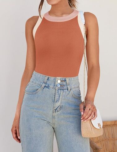 ZESICA Womens Summer Sleeveless Tank Tops Ribbed High Neck Racerback Slim Fitted Color Block Casual Shirts in Kuwait