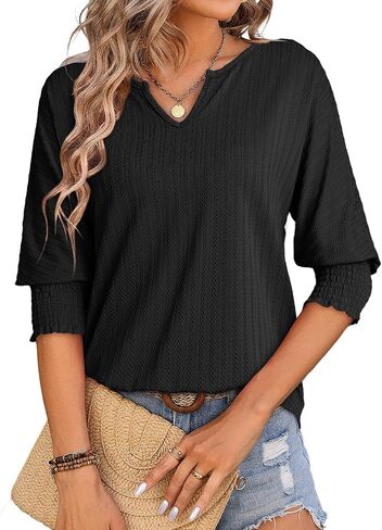 Dokotoo Tops for Women Trendy Casual Summer Basic T Shirts Lightwight 3/4 Sleeve Textured Solid V Neck Tees Blouses in Saudi Arabia