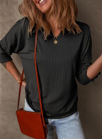 Dokotoo Tops for Women Trendy Casual Summer Basic T Shirts Lightwight 3/4 Sleeve Textured Solid V Neck Tees Blouses in Saudi Arabia