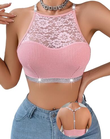 المرأة مثير الزهور المحاصيل قمم الدانتيل Bralette بريق حزام Y2K كامي لامعة الملابس الداخلية Racerback الصدرية الأعلى in Saudi Arabia