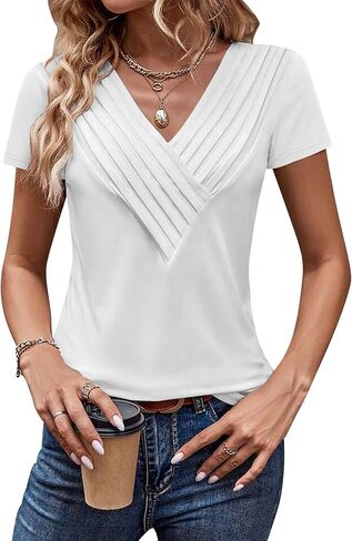 Womens Tshirts Trendy Fashion Tops Short Sleeve V Neck Loose Fit Summer Casual Blouses in Saudi Arabia