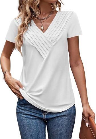 Womens Tshirts Trendy Fashion Tops Short Sleeve V Neck Loose Fit Summer Casual Blouses in Saudi Arabia