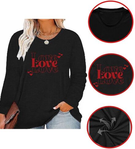 Plus Size O-Neck Women Love Graphic Printed Valentine's Day Shirt Gift Casual Top Long Sleeve Tshirt Tunics in Kuwait