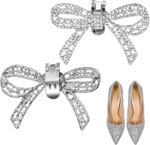 2Pcs Rhinestone Shoe Clips, Bow Shoe Clips Wedding Rhinestone Bow Shoe Buckles Removable Rhinestone Bow Shoe Clips for Heels Wedding Party Shoe Charms(Silver) in Saudi Arabia