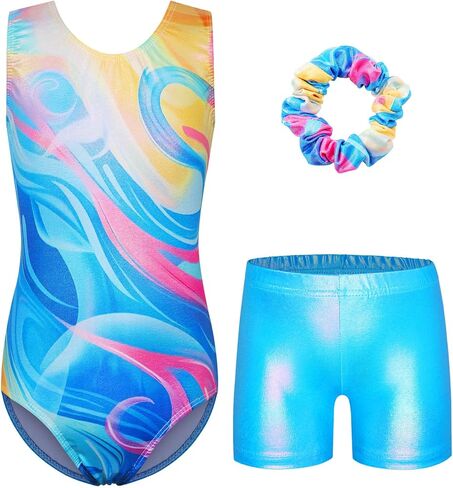 BAOHULU Gymnastics Leotards for Girls Shiny BlueSnowflake One Piece Dance Outfit with Tumbling Shorts Bottom in Kuwait