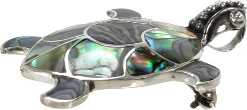 925 Antiqued Sterling Silver Paua Shell, Coral or Mother of Pearl Inlay Sea Turtle Convertible Pendant to Brooch (Pin) in Kuwait