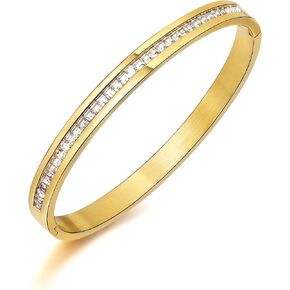 6mm Gold Bracelets for Women, Stainless Steel Classic Cubic Zircon Filled Bangle Bracelet Crystal Jewelry Silver Oval Bangle Witness the Gift