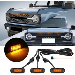 3 Pcs Grille Lights Compatible with 2021 2022 2023 2024 Ford Bronco Badlands, Wildtrak, Everglades 2/4-Door - LED Front Grille Lights Accessories with Harness & Fuse(Amber Light)
