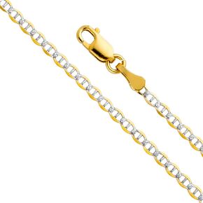 14k Two Tone Gold 2mm Flat Mariner White Pave Chain Necklace