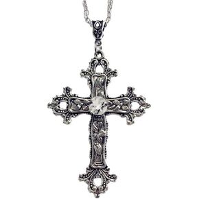 Gothic Cross Pendant Necklace Antiqued Silver Goth Punk Holy Cross Carved Flower Chic Black Crystal Rhinestone Christian Large Chain Necklace for Women Men Y2K Halloween Party Fashion Jewelry Gifts