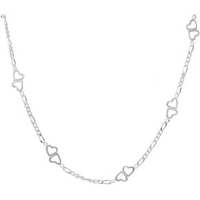 Hoops & Loops 925 Sterling Silver Double Hearts Figaro Link Chain Necklace for Women, 16 18 24 30-Inch, Silver, Yellow, Rose Gold