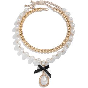 Trendy Pearl Necklace for Women Pearl Statement Necklace Chunky Gold Silver Necklace Layered Paperclip Necklace Adjustable Long Pearl Necklace