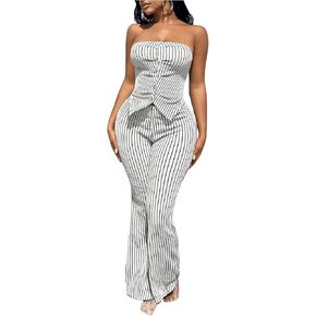 WDIRARA Women's 2 Piece Outfits Striped Tube Top Flared Bell Bottom Pants Set