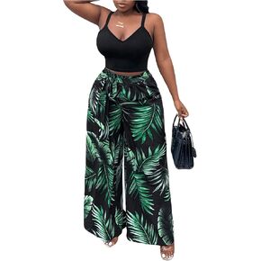 WDIRARA Women's 2 Piece Outfit Spaghetti Strap Cami Top and Tropical Leaf Print Wide Leg Long Pants