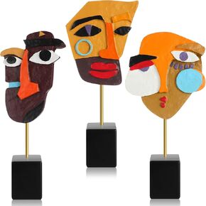 3 Pcs Resin Abstract Sculpture Modern Quirky Statues Esculturas Decorativas Modernas Living Room Shelf Art Colorful Funky Face Contemporary Decor Gifts for Home Office Entrance Bookcase