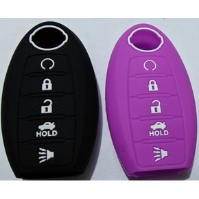 2pcs Silicone 5 Buttons Smart Key Fob Cover Compatible with Nissan Rogue Maxima Altima Sedan Pathfinder Armada Murano Titan Versa Sentra (Black + Black with red)