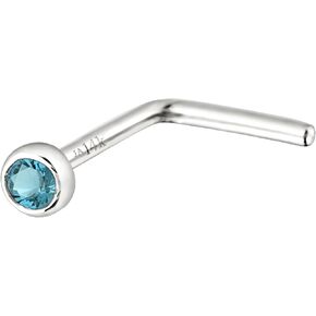 Solid 14K Gold L-Shape Stud Bezel Set Blue Topaz 22G L-Bend Nose Stud - 14K White Gold / 14K Yellow Gold December Birthstone Nose Ring Stud