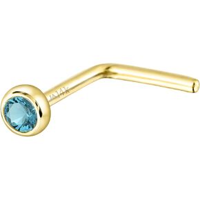 Solid 14K Gold L-Shape Stud Bezel Set Blue Topaz 22G L-Bend Nose Stud - 14K White Gold / 14K Yellow Gold December Birthstone Nose Ring Stud in Kuwait
