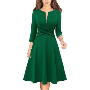 VFSHOW Womens Patchwork Colorblock Work Business Office Elegant Zipper up Slim A-Line Skater Dress
