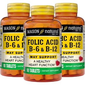 MASON NATURAL Heart Formula B6/B12/Folic Acid Tablets, Dietary Supplement Supports Cardiovascular Health, Red Blood Cell Formation, Metabolic Function, 90 Count (Pack of 3)