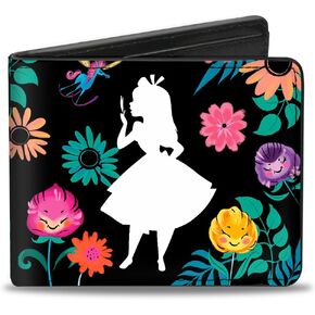 Buckle-Down Men's Standard Disney Wallet, Bifold, Alice Pose Silhouette Curiouser Floral Collage, Vegan Leather, Multicolor, Standard Size