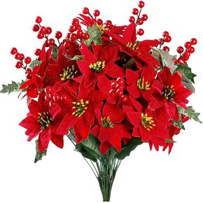 Sggvecsy Artificial Poinsettia Bouquet 17’’ Poinsettia Bush Christmas Flowers Holly Berry Stems with Red Berries Holly Leaves for Home Porch Garden Indoor Outdoor Holiday Xmas Decorations (Pack of 6)