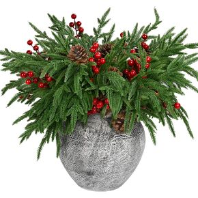 12 Pcs Artificial Norfolk Pine Stems, 17.7 Inches Realistic Touch Norfolk Branch with 24 Big Pinecones and 24 Red Berry Picks Christmas Faux Greenery Faux Sprigs for Xmas Indoor Outdoor Home Décor