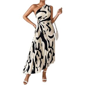 MakeMeChic Women's Casual Striped Cut Out One Shoulder Sleeveless High Waist Summer A Line Maxi Dresses