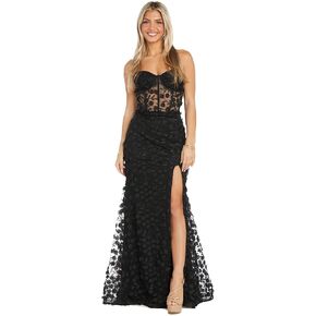 Long 3D Corset Dress W/Illusion Bodice, Detachable Straps & Side Slit