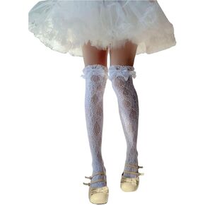 Milumia Women's Ruffle Trim Lace Thigh High Stockings Bowknot Over Knee High Socks