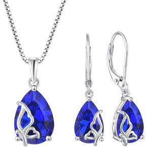 Butterfly Jewelry Set 925 Sterling Silver Pear Cut Sapphire September Birthstone Necklace Earrings Teardrop Jewelry Gifts for Women