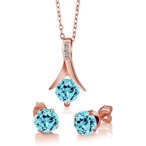 Gem Stone King 2.75 Cttw Swiss Blue Topaz and White Diamond 18K Rose Gold Plated Silver Jewelry Set For Women | Gemstone Birthstone | With 18 Inch Chain