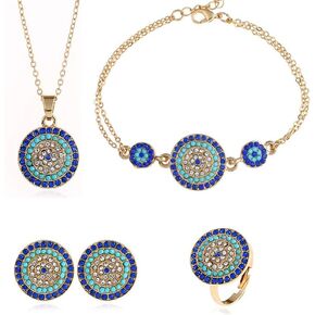 AILUOR Lucky Round Evil Eye Jewelry Set, Gold Inspirational Turkish Hamsa Blue Crystal Evil Eye Charm Pendant Necklace Ring Bracelet and Stud Earrings Sets for Women