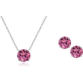Ursilver Round Birthstone Necklace and Birthstone Earrings for Women sets - S925 Sterling Silver 12 Months Birthstone Necklace for Women Girls Jewelry Birthday Gifts