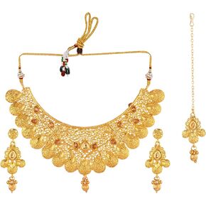 Efulgenz Indian Bridal Jewelry Set for Wedding Indian Gold Jewelry Traditional Bollywood Crystal Kundan Choker Necklace Earrings Maang Tikka Indian Jewelry Sets for Women Gold