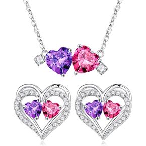 Iefil Double Birthstone Earrings and Double Birthstone Necklace Set