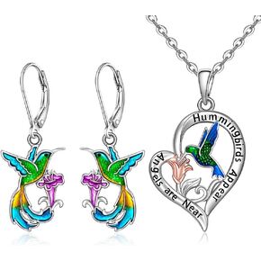 Hummingbird Earrings Necklace Set for Women Hummingbird Dangle Earrings Sterling Silver Cross Blue Purple Bird Flower Jewelry Memorial Mothers Day Hummingbirds Gifts