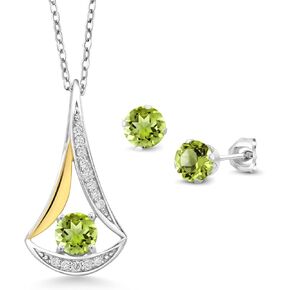 Gem Stone King 1.74 Ct Green Peridot E-F Lab Grown Diamond 925 Silver and 10K Yellow Gold Pendant and Earrings Jewelry Set