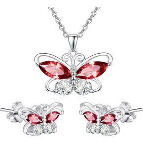 Dreamboat Red Ruby Butterfly Jewelry Set for Women 925 Sterling Silver July Birthstone Butterflys Stud Earrings and Butterfly Pendant Necklace Wedding Birthday Gifts