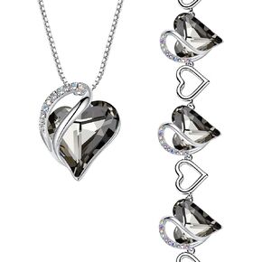 Leafael Infinity Love Heart Necklace and Bracelet for Women, Healing Stone for Protection Crystal Jewelry, Silver Tone Bundle Gifts for Women, Crystal Black