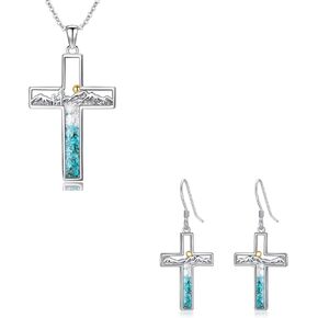 Mountain Cross Necklace Earrings Sets for Women 925 Sterling Silver Turquoise Cross Mountain Sun Dangle Drop Earrings Nature Jewelry Christmas Hiking Gifts for Outdoorsy Skiers Hikers Campers Climbers