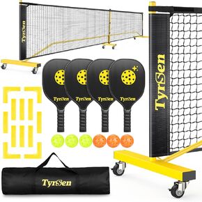 Pickleball Net Set - Pickleball Net on Wheels for Driveway Backyard, 22FT Regular Size, 4 Fiberglass Paddles & 6 Balls, 12 Court Markers, Portable Pickle Ball System with Carry Bag