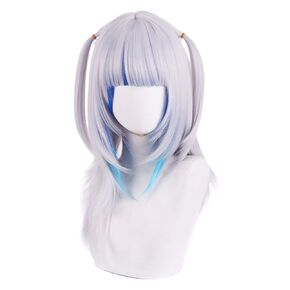 Anime Shark Girl Wig Silver Mixed Blue Medium Cute Twin Ponytail Curly Party Hair Cosplay Props Halloween