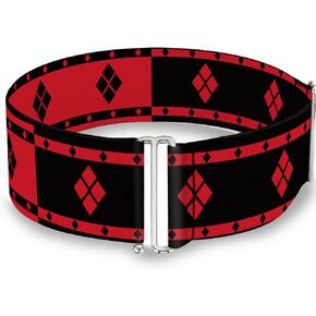 DC Comics Belt, Cinch Belt Harley Quinn Diamonds Stripe Split Red Black Black Red, 3.0 Inch Wide, Adjustable