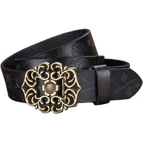 Women's Genuine Cowhide Leather Belt with Flower Pin-Buckle (Black)